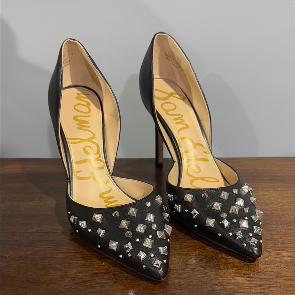 Sam Edelman Black and Silver Heels with Pointed Toe and Studded Design